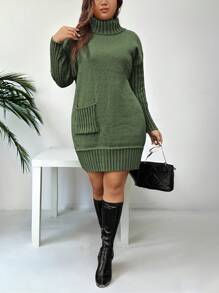 SHEIN LUNE Váy len cổ cao màu trơn cỡ lớn, trang phục thường ngày cho mùa thu/đông - màu xanh lá - Xem 3