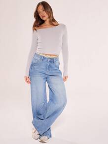 MUSERA Asymmetrical Shoulder Fitted Crop TopVacation Spring Summer Casual Holiday - Grey - View 1