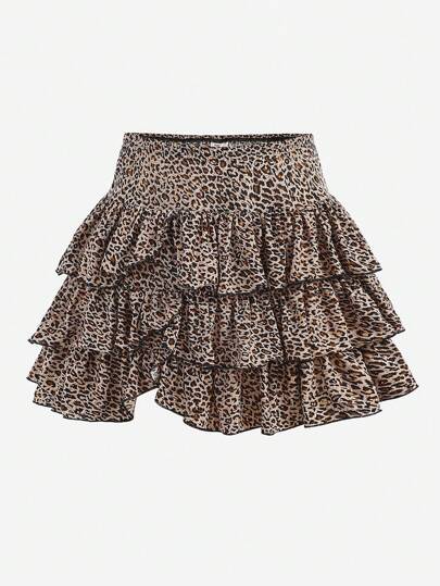Girlism Teen Girls' Low Waist Leopard Print Layered Ruffle Hem Mini Skirt, Suitable For Outdoor Wear