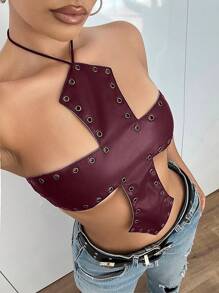 SHEIN ICON Y2k 性感派对外出 PU 皮革露背上衣，带露背设计和环形装饰 - 酒紅色 - 查看 5