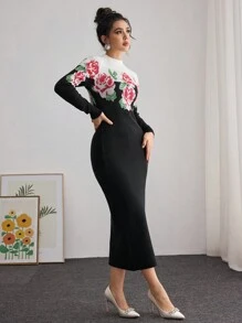 Modelyn 女士花卉印花紧身收腰针织毛衣连衣裙 - 黑色 - 查看 7