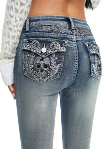 ROMWE Fairycore Women Y2K Retro Skeleton Wing Embroidery Rhinestone Decor Flare Leg Low Waist Jeans - Blue - View 6