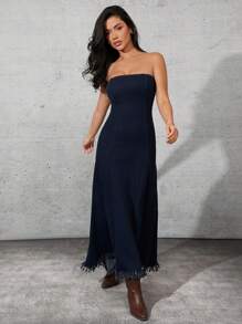 Denimoi 1pc Sleeveless Raw Hem Fitted Denim Dress