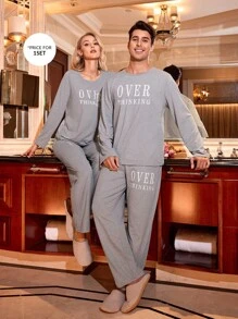 Manfinity Conjunto de ropa de descanso casual con estampado de letras para hombre - Gris - Ver 5