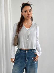 SHEIN Unity Women's Sleeveless Button Front Simple Sweet Casual Versatile Embroidered Vest - Light Grey - View 7