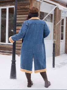 SHEIN EZwear Áo khoác denim dài cổ lông ấm áp không co giãn chưa giặt, áo khoác denim dài cổ lông, mùa thu/đông - Rửa tối - Xem 2