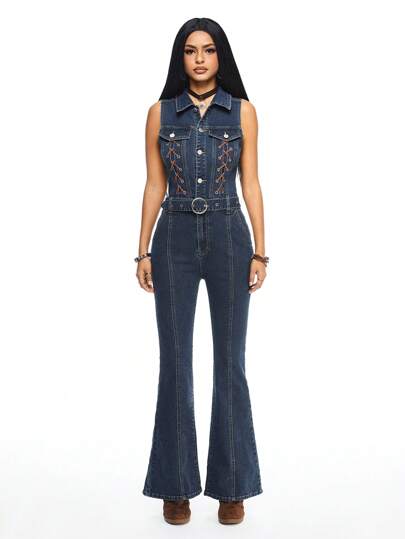 Women's Y2K Vintage Heart Metal Buckle Flare Denim Jumpsuit