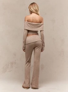 MISSGUIDED Ribbed Button Front Off Shoulder Co Ord Set Long Sleeve Crop Top High Waist Flare Pants Winter Fall Spring Casual Outfit - Khaki - View 2