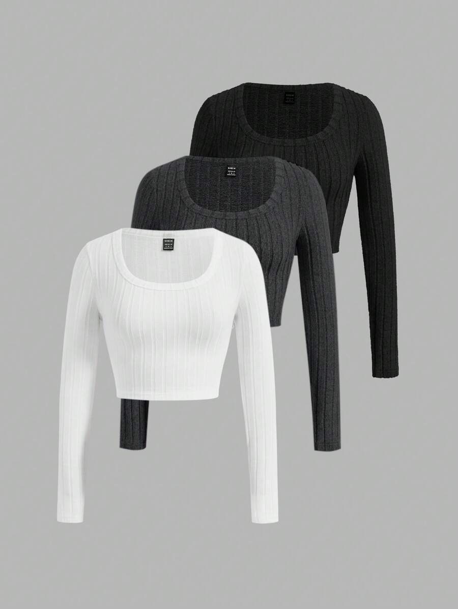 SHEIN Essnce 3 件套女士纯色针织长袖 T 恤，秋冬季休闲装 - 深灰色 - 查看 1