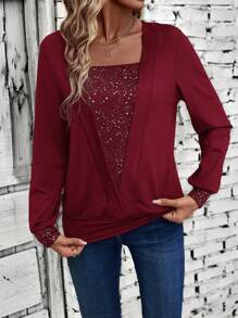 EMERY ROSE Sudadera sencilla de cuello cuadrado y manga larga para mujer, ropa deportiva casual para uso diario