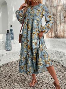 EMERY ROSE 女士花卉印花系带荷叶边下摆连衣裙 - 藍色 - 查看 6