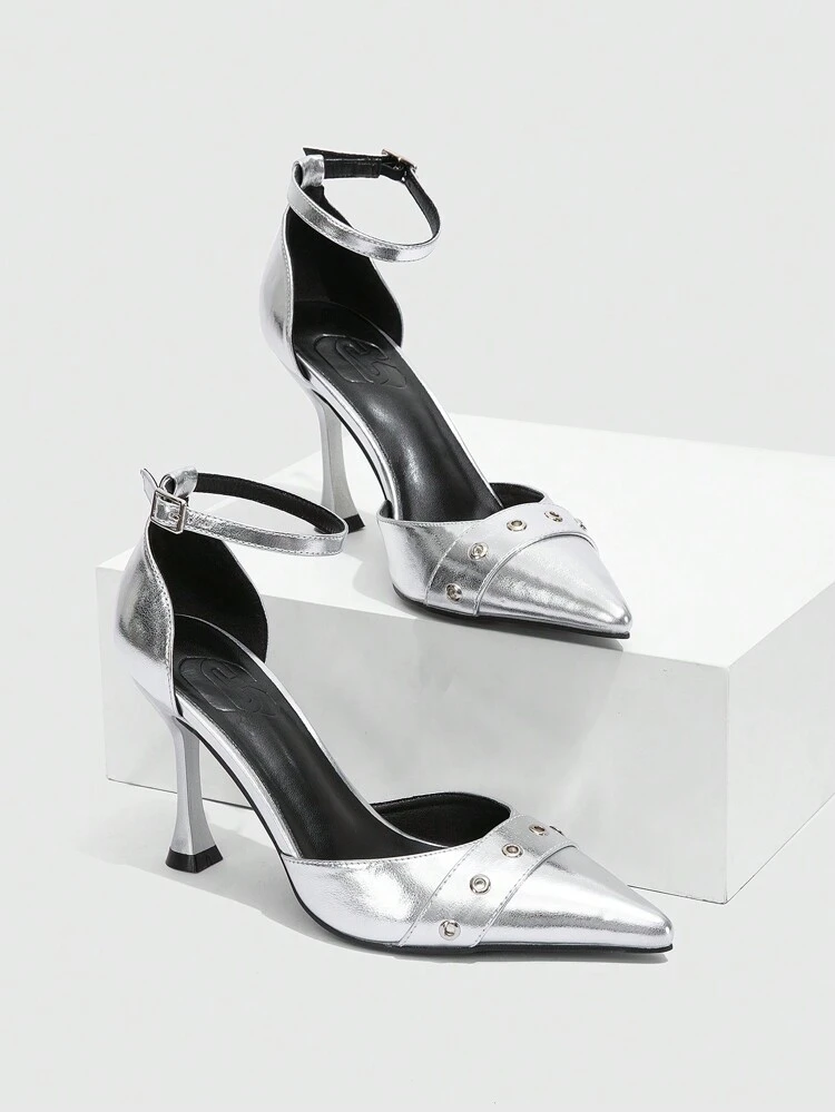 CUCCOO SZL 女性用ポインテッドトゥ ハイヒール、シルバーメタリックPUファッションセクシーパーティーパンプス、ミュージックフェス、クラブナイトアウト、春スタイルの靴に適しています