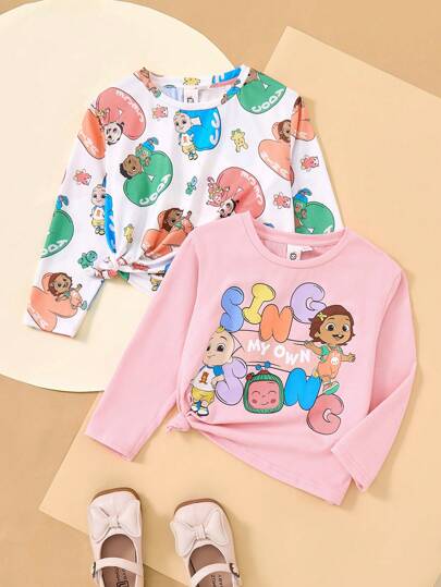 CoComelon X SHEIN Niña joven - Juego de 2 piezas: Camiseta de manga larga con estampado de personaje de dibujos animados coloridos y letras + Camiseta blanca de manga larga casual