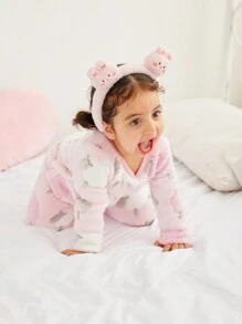 SHEIN 2 件套女婴可爱简约绵羊图案套头衫圆领长袖上衣和长裤，柔软舒适法兰绒家居服和睡衣套装女婴睡衣