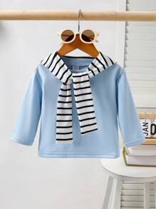 Baby/Infant Casual Comfy Blue T-Shirt With Removable Striped Shawl, Autumn & Winter Everyday Outfit - Blue - View 1