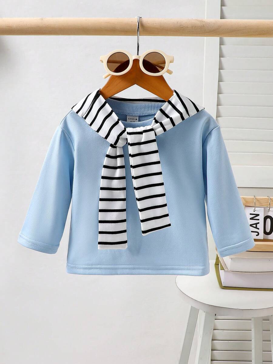 Baby/Infant Casual Comfy Blue T-Shirt With Removable Striped Shawl, Autumn & Winter Everyday Outfit - Blue - View 1