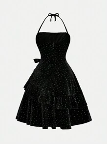 SHEIN Tween Girl Fashion Elegant Halter Ruffled Decor Cinched Waist Black Velvet Rhinestone Cocktail Party Dress - Black - View 2
