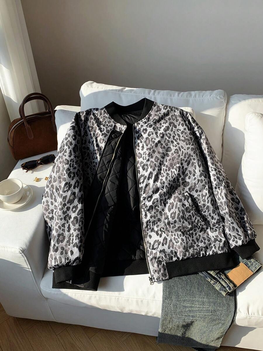 SHEIN EZwear Plus Size Women Casual Leopard Print Zip-Up Padded Coat, Everyday Wear, Autumn - Multicolor - View 1
