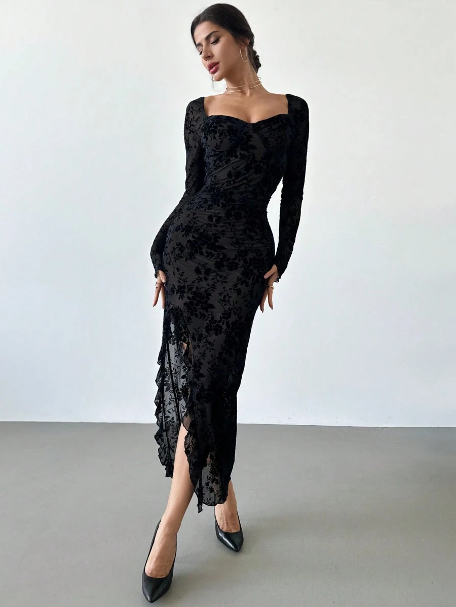 Firerie 全新秋冬优雅花卉植绒方领褶皱开衩荷叶边下摆修身连衣裙