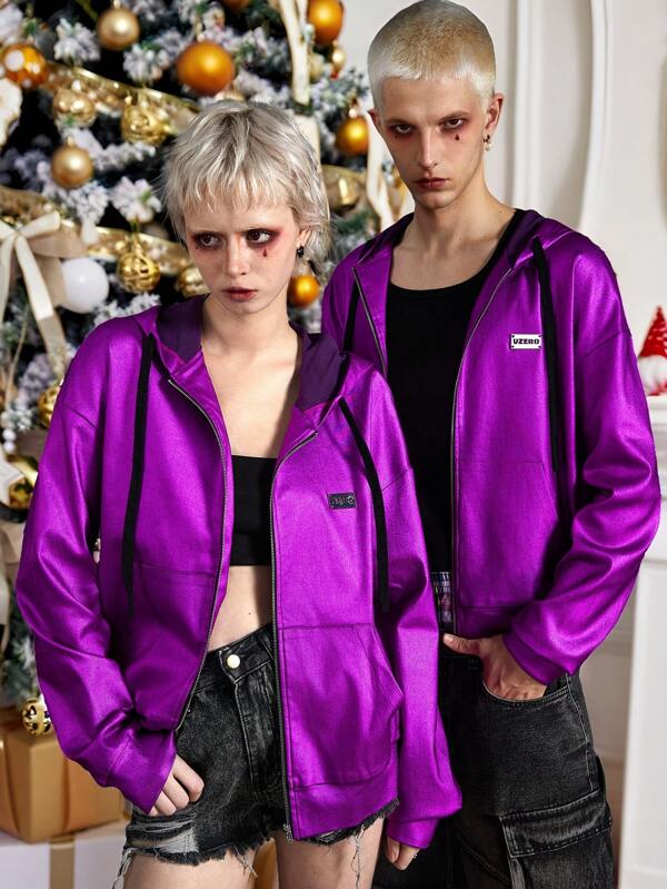 Manfinity VCAY Men's Loose Fit Knit Long Sleeve Hooded Sweatshirt, Suitable For Autumn/Winter, Dark Purple Going Out Zipper Letter Full Zip Up Hoodie, For Friends, Husband, Boyfriend Gifts