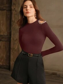 Anewsta Camiseta de manga larga con cuello alto, hombros abiertos, tejido acanalado y strass, elegante y de moda para mujer, para otoño