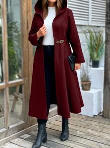 SHEIN LUNE Plus Size Solid Color Hooded Coat, Casual For Autumn/Winter - Burgundy - View 5