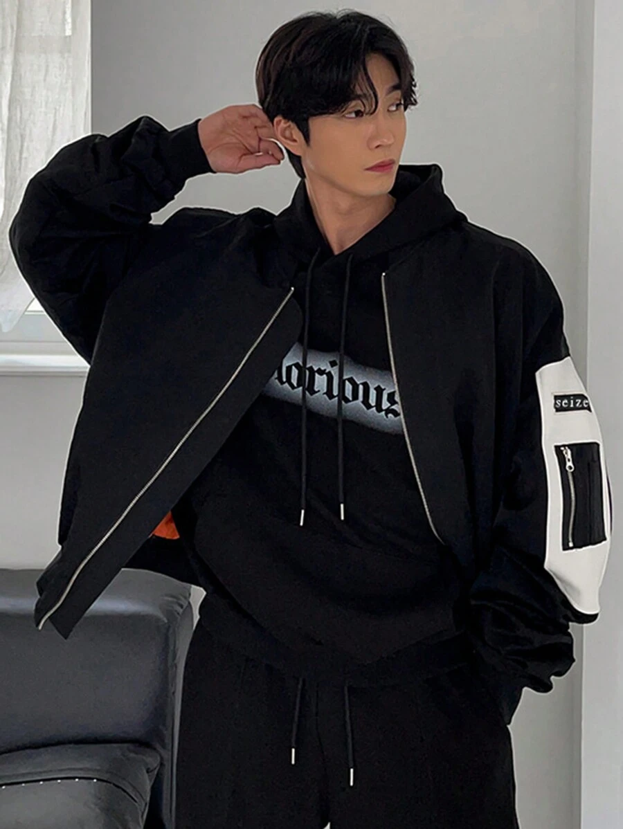 DAZY Herren Jacke & Oberbekleidung mit Buchstaben Muster und großer Tasche, Schwarz, für den Herbst