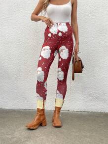 SHEIN LUNE Mallas estampadas de ajuste delgado para mujer, tallas grandes, apropiadas para Halloween, Navidad, Año Nuevo, festivales chinos, Día de San Valentín, fiesta de Acción de Gracias para ropa de Año Nuevo