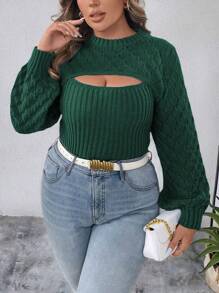 Elenzga Suéter de mujer de talla grande con manga farol, corte con abertura frontal, punto calado y nervado, para invierno