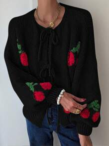 SHEIN Frenchy Áo khoác cardigan dài tay thắt nơ phía trước họa tiết quả anh đào cho nữ, Thu/Đông - màu đen - Xem 6