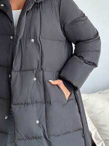 SHEIN Privé Women's Black Lapel Belt Decor Long Padded Coat