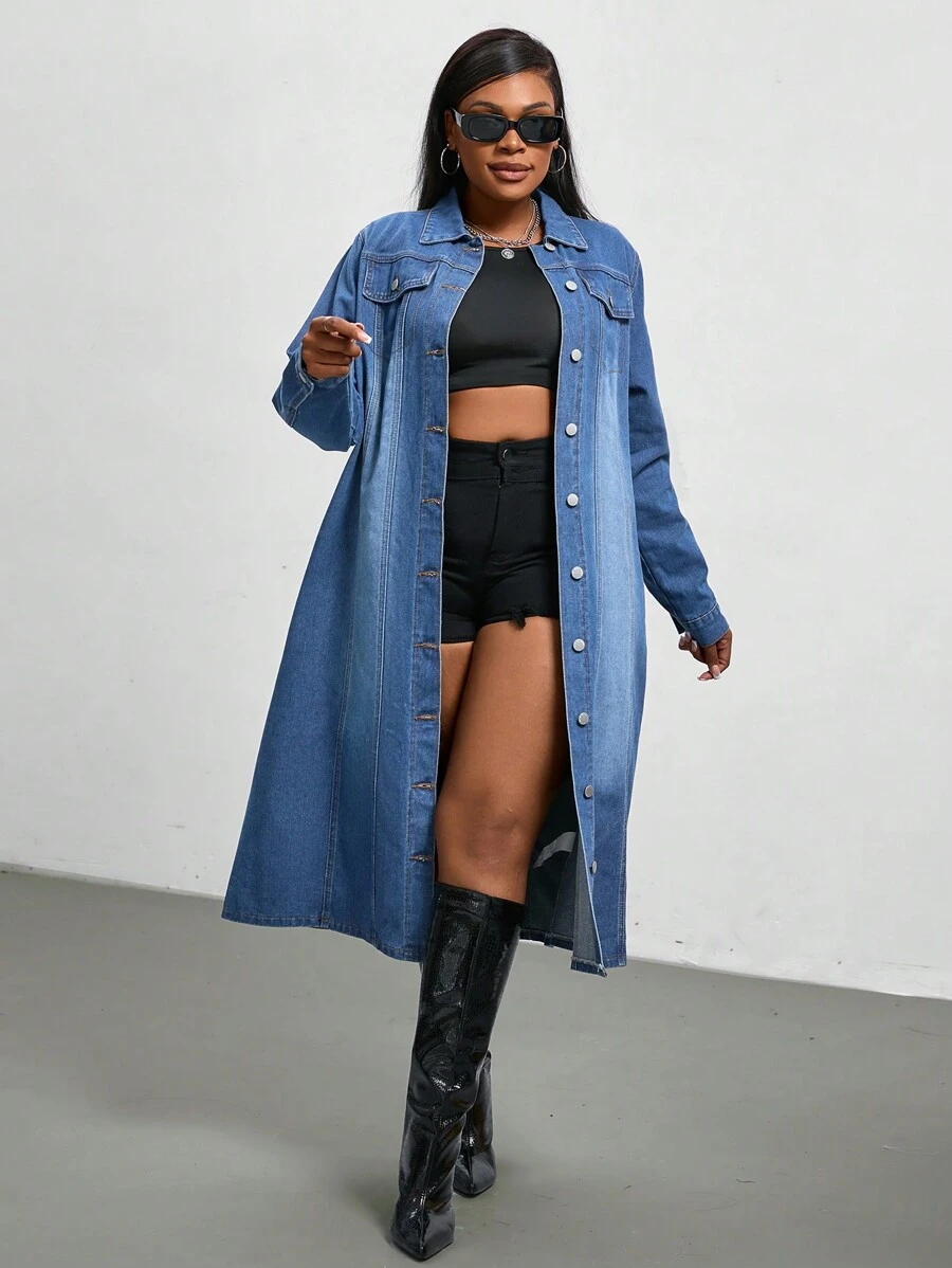 SHEIN Chaqueta vaquera lavada informal de talla grande para el otoño - Azul lavado medio - Ver 1