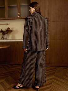 Elaquor Plus Size Striped Loose Blazer Suit Set, Includes Top & Pants,Winter,Brown Two Pieces Set - Coffee Brown - View 6