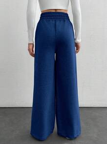 Cottnline Cotton Petite Drawstring Waist Wide Leg Pants - Navy Blue - View 2