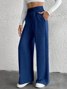Cottnline Cotton Petite Drawstring Waist Wide Leg Pants - Navy Blue - View 5
