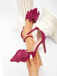 CUCCOO CHICEST 女士尖头 3D 花卉高跟鞋，仿麂皮浪漫女士度假高跟鞋，红色适合约会、下午茶派对、情人节、圣诞节和新年假期氛围秋冬 - 玫紅色 - 查看 3