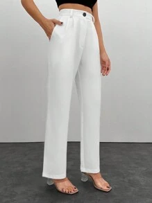 EURMUSE Women's Solid Color Suit Pants With Buttons, Pockets, And Zipper - White - View 4