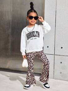 Young Girl Casual Knit Crew Neck Long Sleeve Pullover Hoodie With Leopard Print Pants Set
