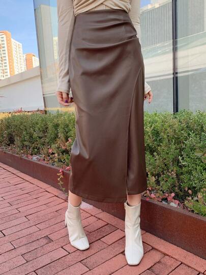 DAZY 纯色PU开衩不对称褶皱女裙，铅笔裙，秋季服装皮裙冬季女裙