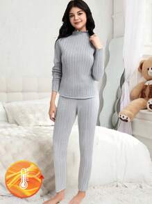 SHEIN 2 Stücke Minimalistische feste graue Fuchs Fleece Thermo-Unterwäsche Set für Teenager Mädchen - Langarm-Oberteil und Leggings