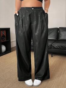 Elenzga Plus Size Plain Color Embossed Pocket Casual Loose Wide Leg Pants Graduation,Back To School,Teacher Outfits For Women Winter Fall Autumn - Black - View 4