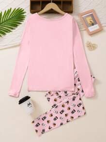 Conjunto de pijama de 2 piezas con estampado de bebidas para adolescentes y niñas, con top de manga larga y pantalones largos, cómodo y de moda