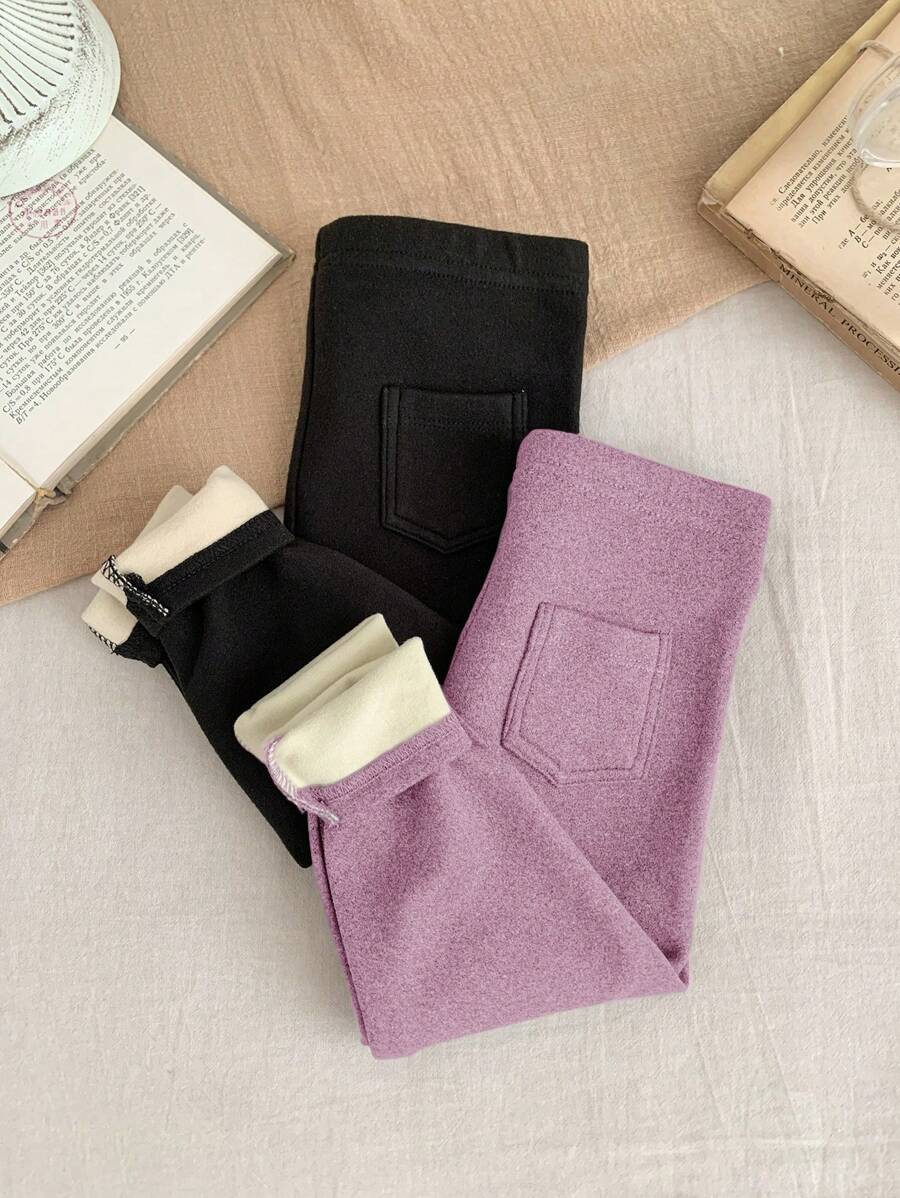 SHEIN LMoss Kids 2pcs LMoss Unisex Baby Girl Thermal Lined Leggings, Black/Purple, Suitable For Outdoor, Party, Sports And More, Autumn/Winter