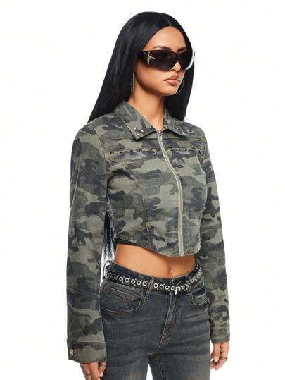 Fairycore Women's Retro Y2K Style Camouflage Beaded Denim Jacket