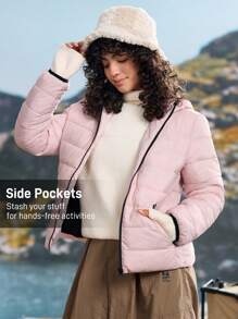In My Nature 1pc Women Solid Color Hooded Zipper Front Long Sleeve Padded Coat, Winter - Pink - View 4