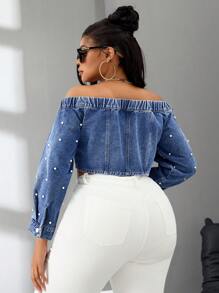 SHEIN SXY Große Größen Lässiges Denim-Top mit Reißverschluss vorne und langen Ärmeln sowie Kunstperlendekor, Off-Shoulder