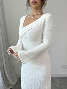Elenzga Women Asymmetric Collar Long Sleeve Fitted Elegant Sweater Dress, Autumn/Winter
