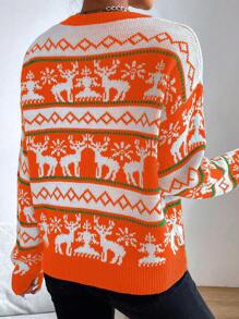 SHEIN LUNE Women's Casual Reindeer Pattern Round Neck Drop Shoulder Long Sleeve Sweater, Autumn/Winter Knit Pullover Fall - Burnt Orange - View 2