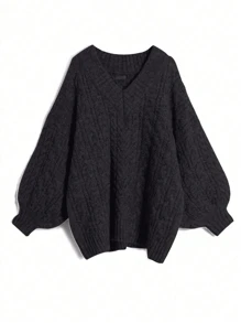 Flirla Plus Size Solid Color V-Neck Long Sleeve Simple Casual Pullover Sweater, For Winter Knit Pullover Fall - Black - View 1