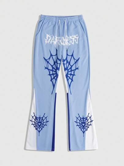 Street Life Pantalones de chándal casuales de hombre con bloqueo de color, estampado de telaraña de retazos, Halloween